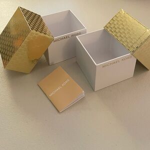 QTY 2 - Genuine Michael Kors Gold White Logo Jewelry Watch EMPTY BOX ONLY 1 Book